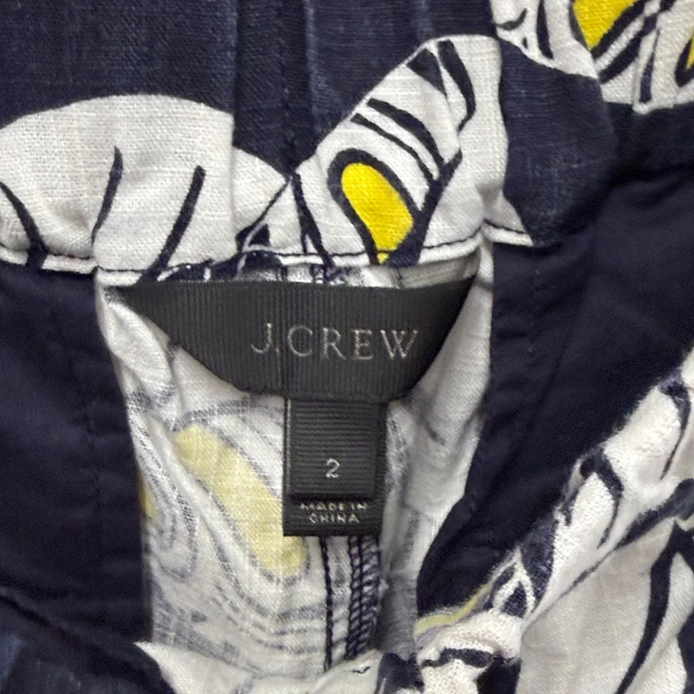 J.Crew Seaside pant in a navy blue, white, and yellow leaf print linen blend 2